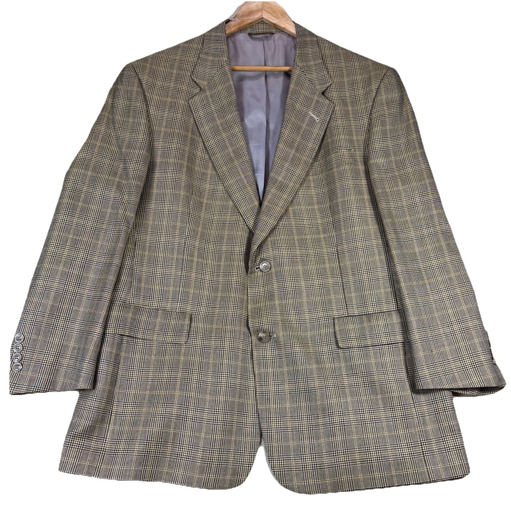Hart‎ Schaffner Marx Wool Windowpane Plaid Blazer Suit Jacket Gold 44-46 Vtg